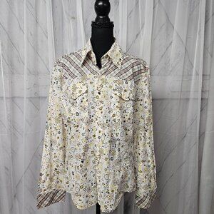 Spy Henry Lau Yellow Blue Floral Plaid Western Button Down Blouse Size L
